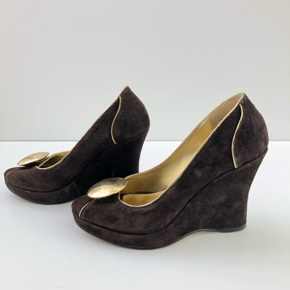 Dark coffee and gold rimmed wedge heels suede